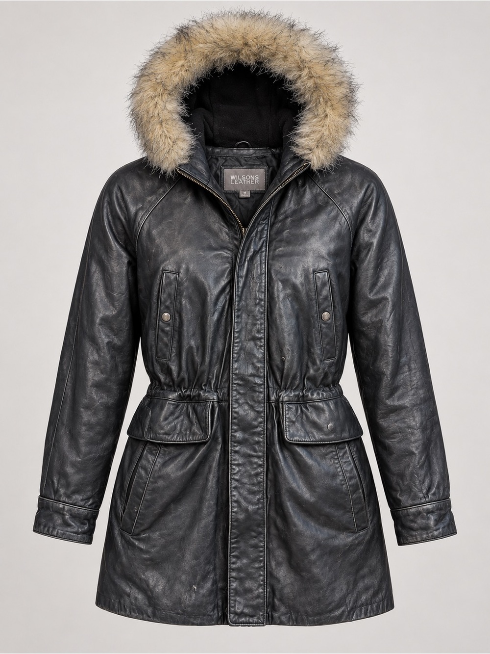 Vintage Wilsons Leather Black Fur Hooded Parka Coat Women’s M Y2K